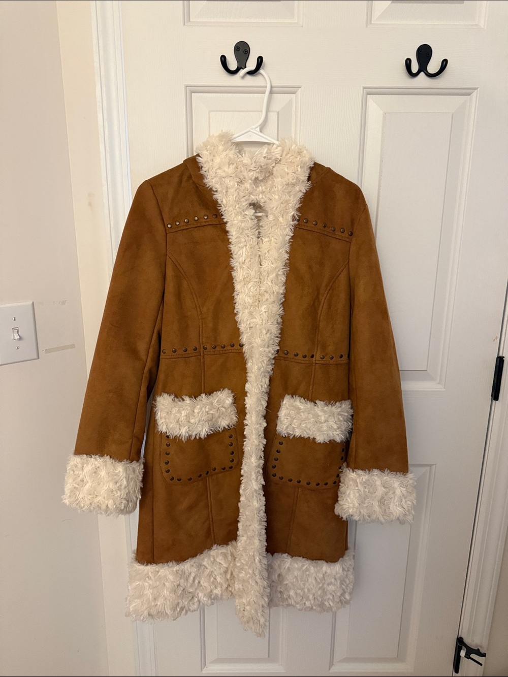 Steve Madden Brown Faux Suede Trench Coat with Cream Shearling Trim